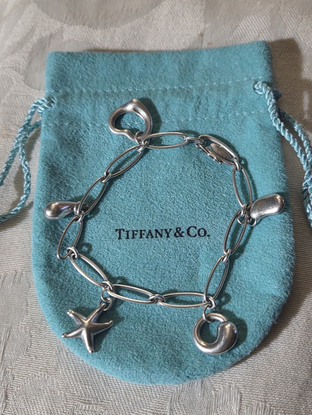 Tiffany & Co Elsa Peretti 5 Charm Link Bracelet, SS, 6.75 Inches
